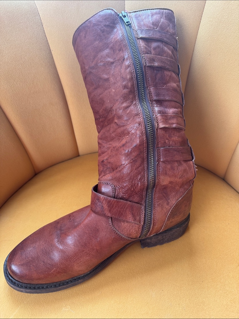 Frye Brown Leather Buckle Mid-Calf Boots, faux fur lined - Picture 2 of 4